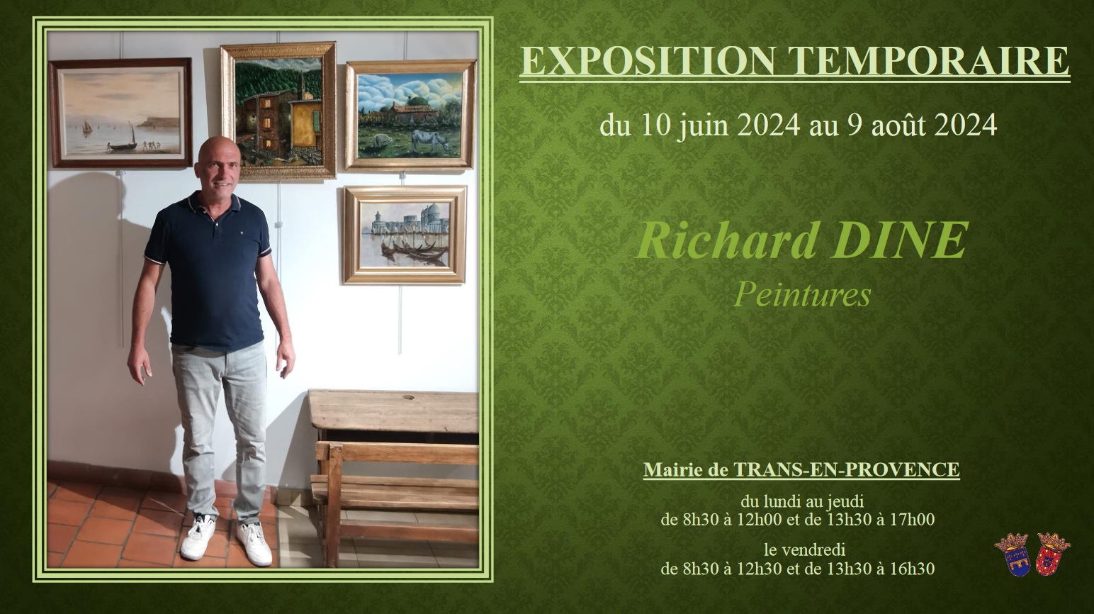 Exposition de tableaux de Monsieur Richard Dine. Du 10 juin au 9 août 2024, à la Mairie, aux horaires d'ouverture.