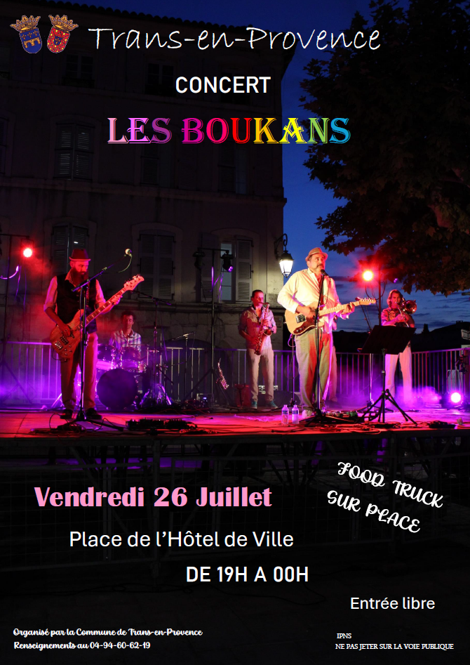 Concert les Boukans. Vendredi 26 juillet de 19h à minuit, place de l'Hôtel de Ville.