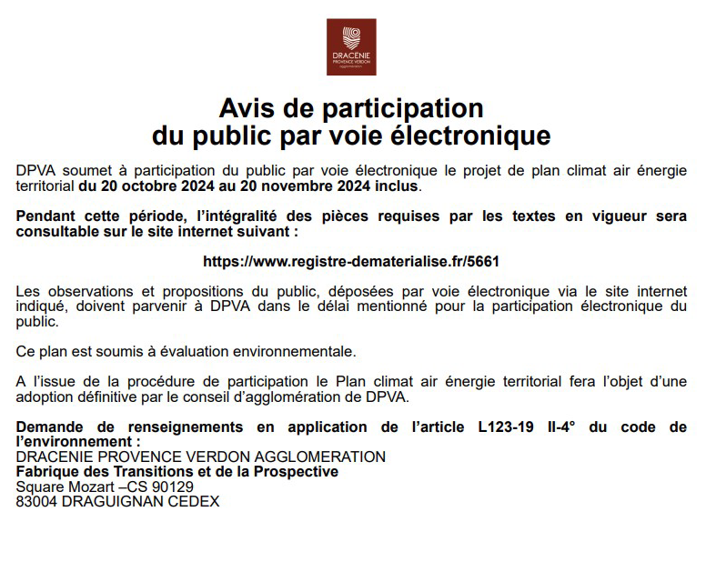 PLAN CLIMAT AIR ENERGIE. Avis de participation du public par voie électronique, du 20 octobre au 20 novembre : https://www.registre-dematerialise.fr/5661