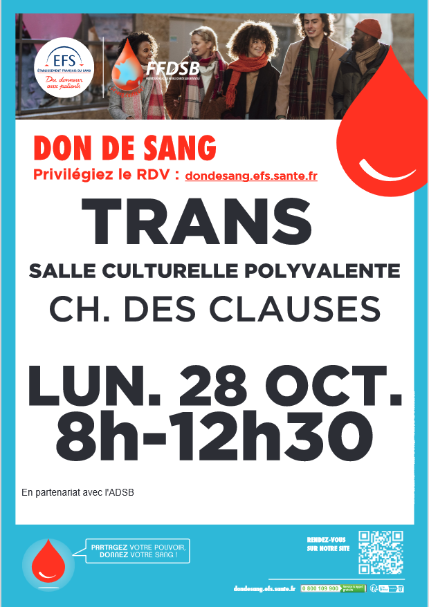 DON DE SANG, lundi 28 octobre, salle polyvalente, de 8h à 12h30. Donner son sang c’est sauver des vies ! Prise de RDV : https://efs.link/GLD7B