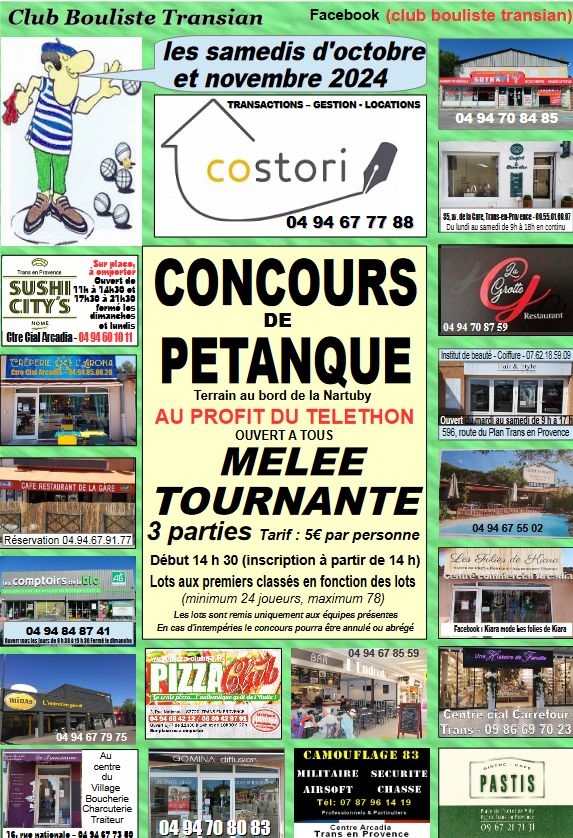 Concours de pétanque OUVERTS A TOUS. Les samedis d'octobre et de novembre en faveur du Téléthon. Mêlées tournantes. Début 14h30 (inscription à 14h). 5€ par personne.