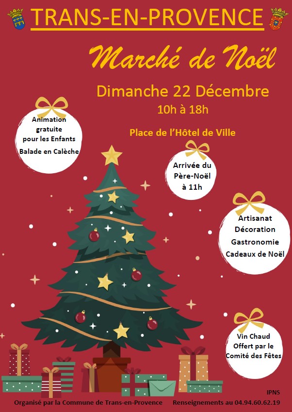 Marché de Noël. Dimanche 22 décembre, de 10h à 18h, avec l'arrivée du Père-Noël à 11h, place de l'Hôtel de Ville.