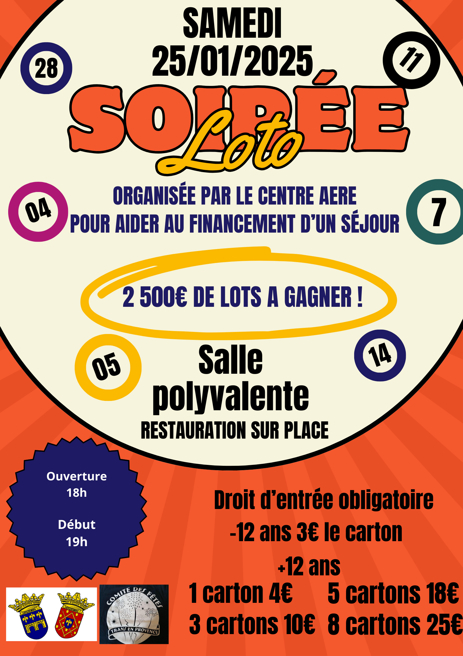 Loto de l'ACM élémentaire. Samedi 25 janvier, salle polyvalente. Ouverture des portes à 18h, début à 19h. Restauration su place.