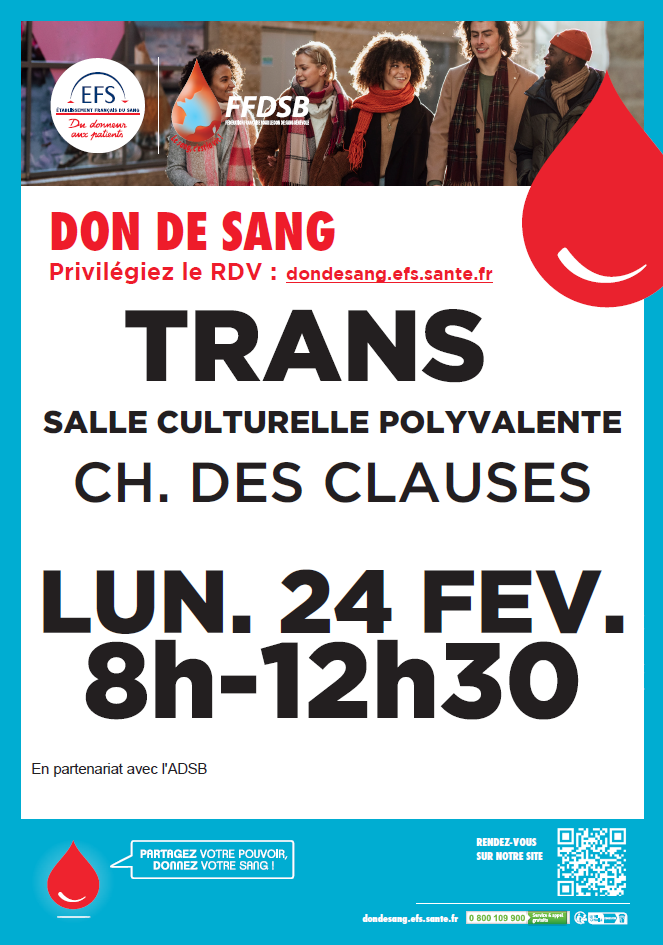 Collecte de sang. Lundi 24 Février de 8H00 à 12H30. Réservation sur : https://efs.link/dVZmf